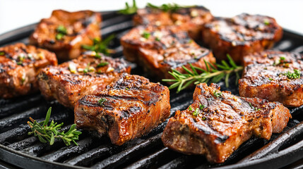 Grilled shish kebabs made of assorted meats sizzling on skewers over a barbecue grill for a delicious meal