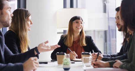 Business, people or happy with discussion in boardroom for press release, media relations or ideas. Agency, publicist and journalists with meeting for brand management, publicity planning or strategy