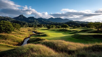 Scenic green landscape with hills trees and flowing water course