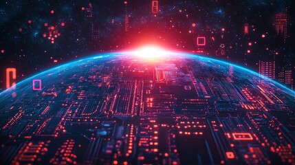 Fototapeta premium Earth illuminated by a digital grid and tech symbols, with a glowing overlay of futuristic circuits and data pathways.