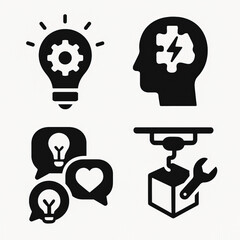 Innovation and Creativity Icons Set with Light Bulb Gear, Brain Lightning, Idea Chat, and Robotic Arm in Bold Black Style