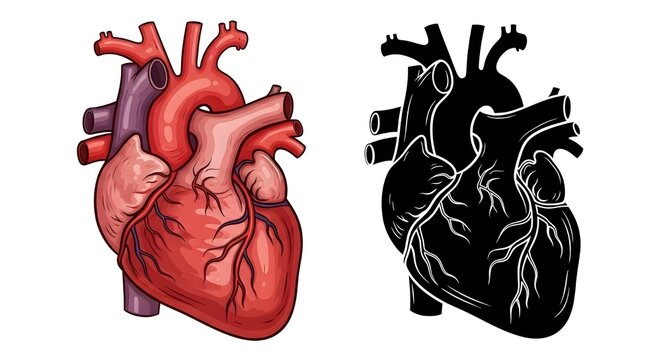 Anatomical human heart red and black silhouette set - medical anatomy cardiovascular system organ biology education healthcare cardiology illustration concept design