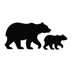 Fototapeta premium Silhouette of mother bear walking with cub, black animal icon isolated on white background symbolizing wildlife and family 
