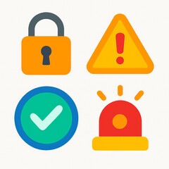 Colorful Security and Safety Icons Set with Lock, Warning Triangle, Checkmark, and Alarm Light Symbols