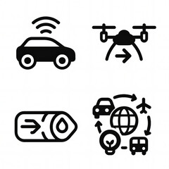 Smart Mobility and Transportation Icons Set with Connected Car, Delivery Drone, Autonomous Vehicle, and Sustainable Transport Network in Black Solid Style