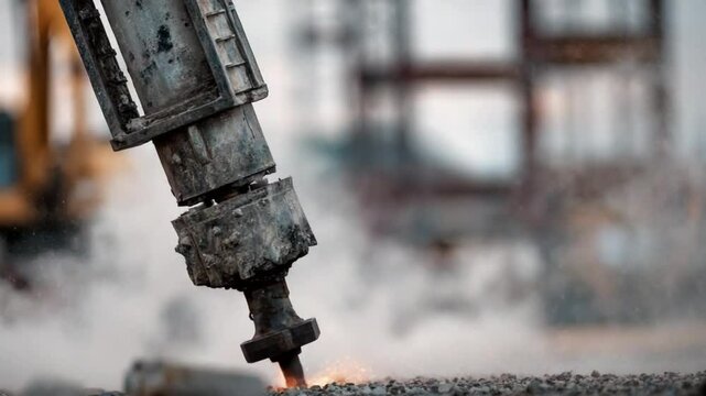 Heavy machinery demolishing concrete structures at construction site with flying debris and dust cloud formation