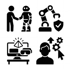 Future Technology Icons Set with Human-Robot Interaction, Robotic Arm, Virtual Reality Setup, and User with Settings in Black Outline Style