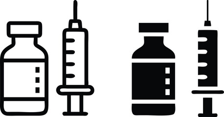 Black Syringe and Medicine Bottle Icon Vector in Grayscale Flat Design