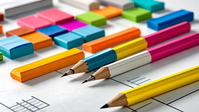 Colorful Pencils and Blocks on Architectural Plans: Design Concept