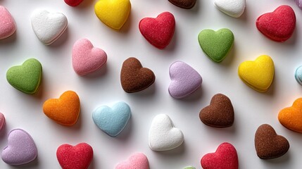 Bunch of colorful hearts are scattered across a white background. The hearts come in a variety of colors, including pink, blue, green, and brown. Concept of joy and playfulness