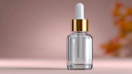 Clear bottle with a gold top sits on a table. The bottle is empty and has a gold rim. The table is pink and the bottle is the only object in the image