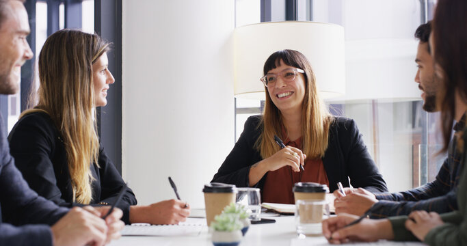 Laughing, worker or woman in boardroom with teamwork, business or public relations agency. Funny joke, media manager and happy publicist in meeting for brand awareness, campaign and startup project - Powered by Adobe