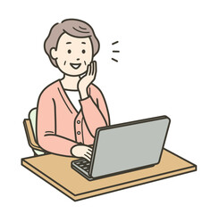 ノートパソコンを笑顔で操作する高齢女性の上半身イラスト