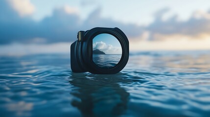 Island View Through Camera Lens Filter Resting on Gentle Ocean Waves Surface at Sunset