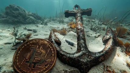 Digital bitcoin coin resting on ocean floor beside rusty anchor, symbolizing lost cryptocurrency, digital treasure, or financial downturn.