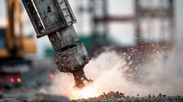 Heavy machinery demolishing concrete structure with flying debris and dust cloud in an urban construction site