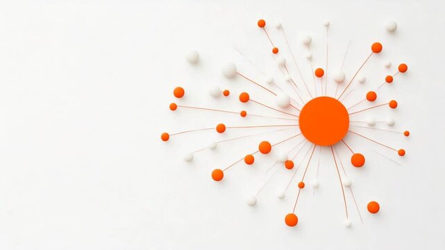 Abstract design featuring orange and white spheres radiating from a central circle on a white background