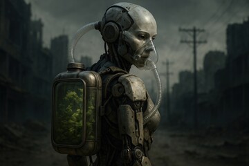 Fototapeta premium Futuristic robot with oxygen tank.