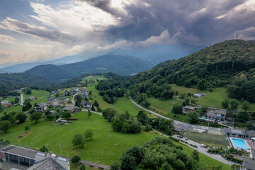 Drone panorama of the Ivrea Morainic Amphitheatre seen from Brosso, Val Chiusella, Italy, showing...