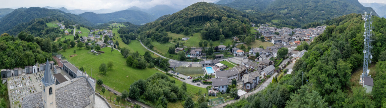 Aerial Scenic view from Val di Chy or Valchiusella, Morainic Amphitheatre , from Brosso town, Ivrea