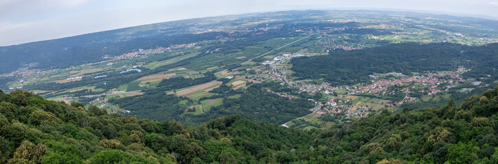 Drone panorama of the Ivrea Morainic Amphitheatre seen from Brosso, Val Chiusella, Italy, showing...