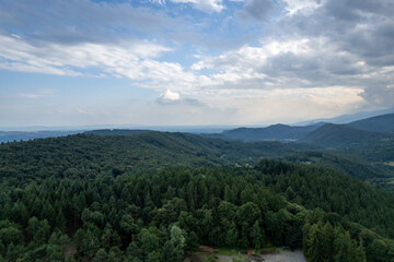 Drone panorama of the Ivrea Morainic Amphitheatre seen from Brosso, Val Chiusella, Italy, showing...