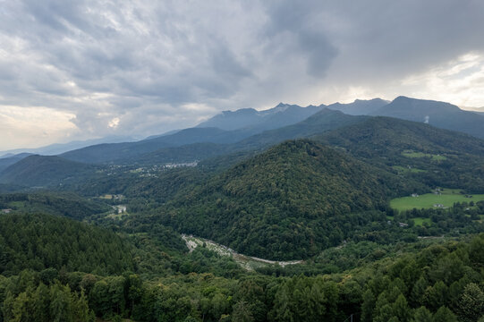 Aerial Scenic view from Val di Chy or Valchiusella, Morainic Amphitheatre , from Brosso town, Ivrea