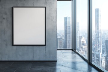 Obraz premium Blank framed canvas adorns the concrete wall inside the room with expansive city view