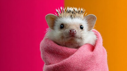 White hedgehog is wrapped in a pink blanket. The hedgehog is looking at the camera with a smile on its face