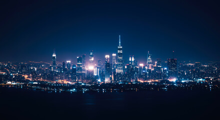 Fototapeta premium Night City Skyline Panorama Glowing Cityscape Urban Metropolis Night Lights Modern Architecture Illuminated Buildings Dramatic Skyscrapers Vibrant City Financial District Business Center