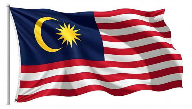 Realistic illustration of the Malaysia flag. Red and white horizontal stripes with blue canton containing yellow crescent and 14-point star. Isolated on white background. Ideal for design and educatio