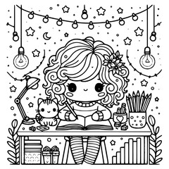 "Cute Curly-Haired Girl activities– Coloring Book Page for Kids"