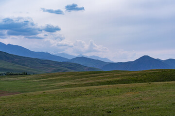 A mountainous summer landscape with views of green and yellow hills, high snow-capped mountains and...