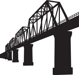 Black silhouette of a long steel truss bridge with multiple piers.