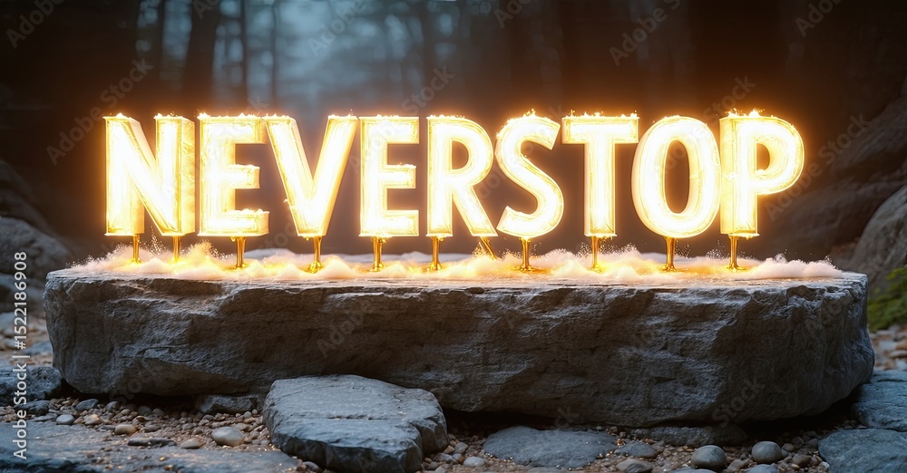 Poster glowing neverstop sign rests upon stone platform. dark forest background creates dramatic effect. in