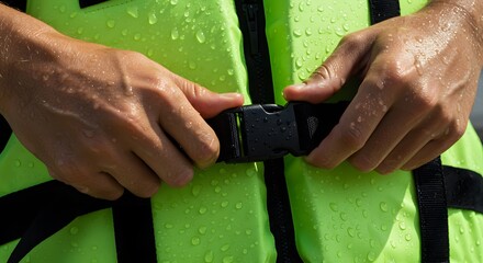 Secure Your Safety Adjusting a Bright Lime Green Life Vest