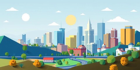 Geometric city landscape, flat vector illustration Minimalist cityscape with stylized buildings and nature elements,  horizon,  style