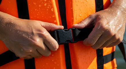 Securing Safety A Close-up of Hands Fastening a Life Jacket Buckle
