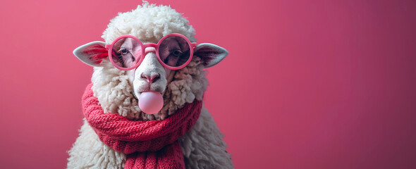 Cute Sheep Wearing Accessories and Bubble Gum on Pink Background