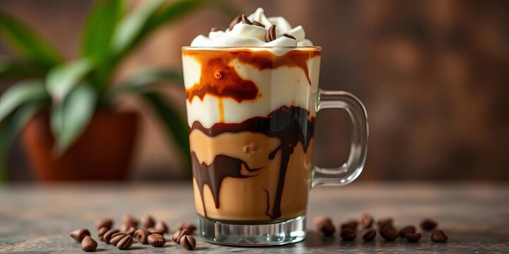 Layered coffee drink, chocolate, whipped cream in glass, cafe, cocoa