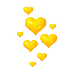 Cute yellow 3d hearts floating composition. Vibrant arrangement of love icons on a white background