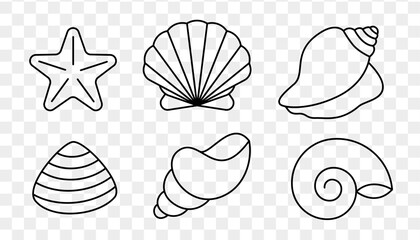 Sea shell linear icon collection. Clam, starfish, seashell, conch, cockleshell