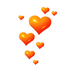 Cute orange 3d hearts floating composition. Vibrant arrangement of love icons on a white background