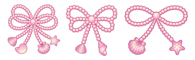 Coquette pearl bead bows set. Pink beads ribbons with shells