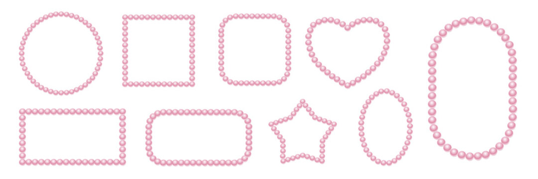 Pink pearl beads frame collection. Set of different geometric borders made of bead