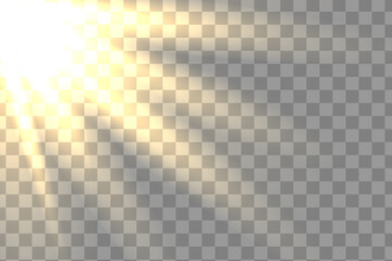 Bright sunlight effect on transparent background. Light vector element