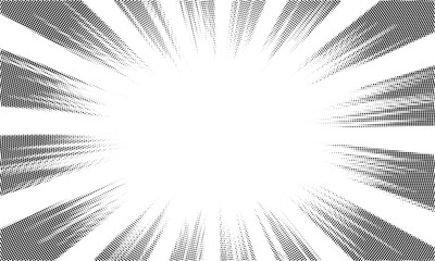 Pop art background with black halftone rays. Comic book retro style radial backdrop