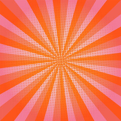 Trendy orange and pink pop art background. Comic style sun burst with halftone dots