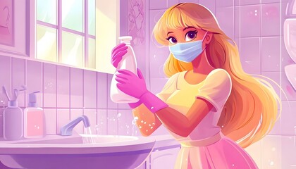 A young woman in a bathroom, wearing gloves and a face mask, cleans a bottle of cleaning solution.