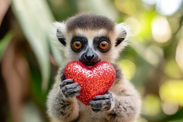 Fototapeta premium Cute lemur baby with sparkling rhinestones red heart on in a natural habitat. Promotion animal creative. Lemur - my cherished animal. Nature-inspired valentine's greeting. Wildlife in love.